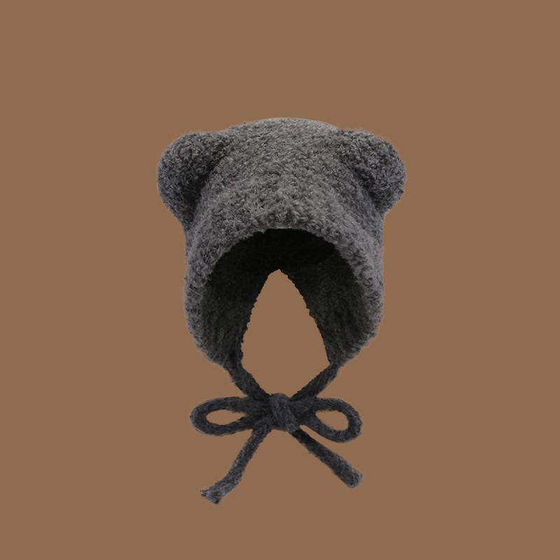 Bear hat women's autumn and winter warm ear protection knitted hat big head circumference show face small bucket hat