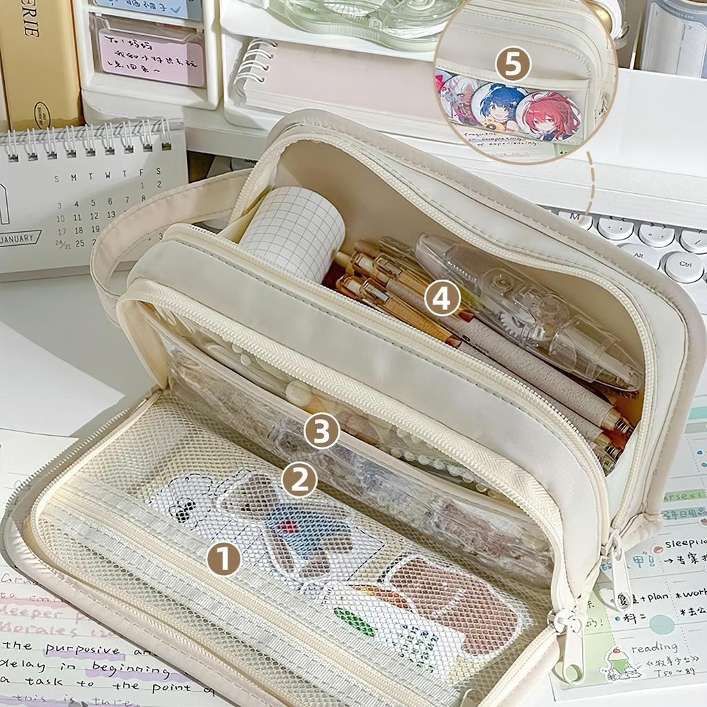 Double-sided Pencil Bag Pen Case 5 Compartments Multi Pocket Handbag Storage Pouch for Stationery School