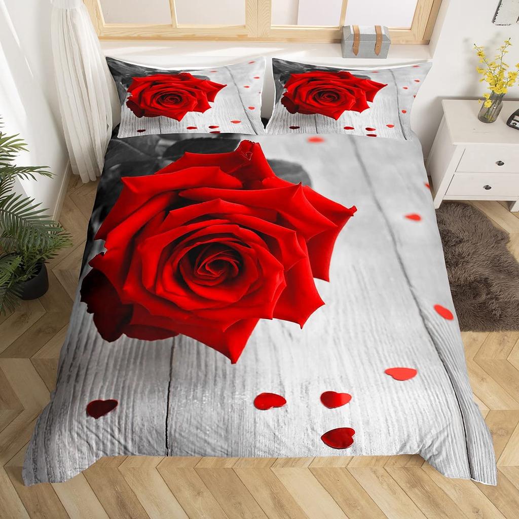 Red Rose Duvet Cover Set King Size for Girls Water Drops Bedding Set Romantic Rose Flowers 2/3pcs Comforter Cover for Couples