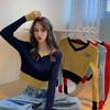 Women's V-neck Sweater Spring Autumn Long-sleeved Knitted Cropped Top Sweater Color-block Pullover Jumper