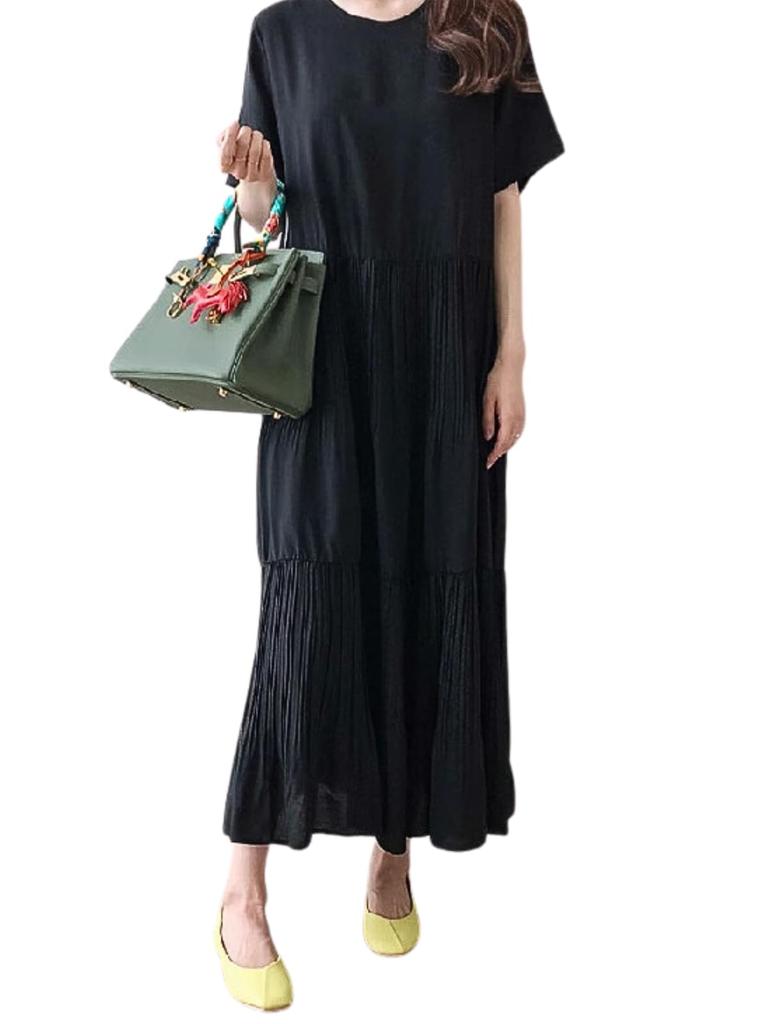 Over the moon Comfortable Slimming Tiered Short Long Length Women's Dress, Sleeve, Maternity, (L, Black)