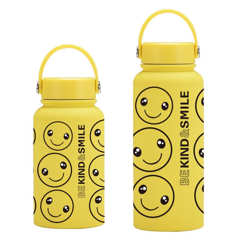 Stainless Steel Thermos Cup Yellow Smiley Face Straw Milk Tea Cup Coffee Cup Set Handle Sports Water Cup