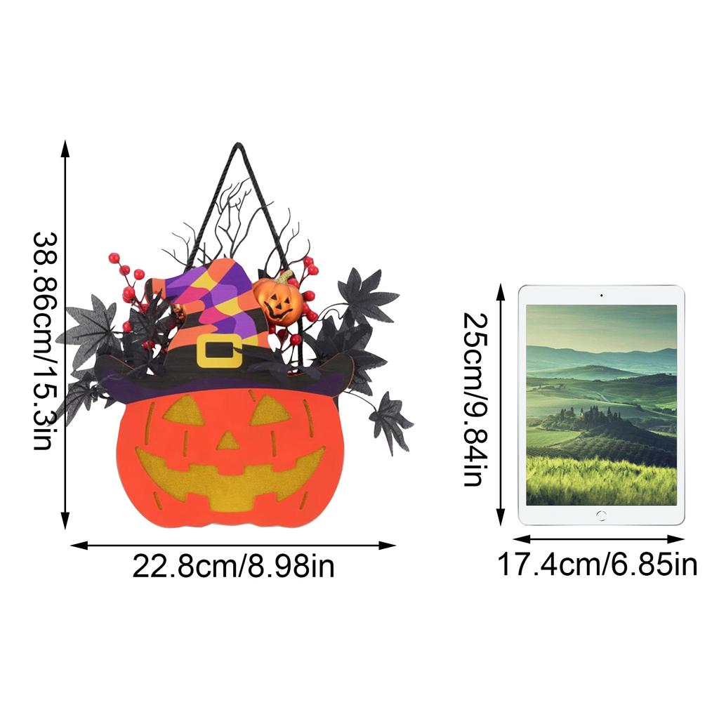 Halloween Pumpkin Decoration, With Maple Leaf Berry Witch Hat, Halloween Door Sign Wood Light For Front Door Indoor Outdoor Patio Party Cartoon