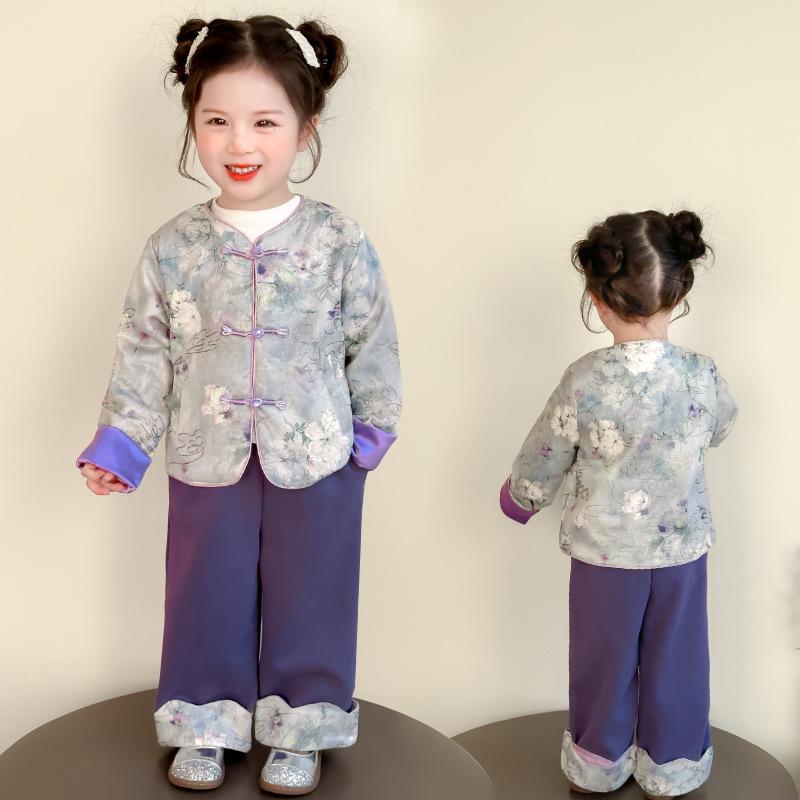 Winter Hanfu Tang Suit: Chinese Style Padded Two-Piece Set for Little Girls