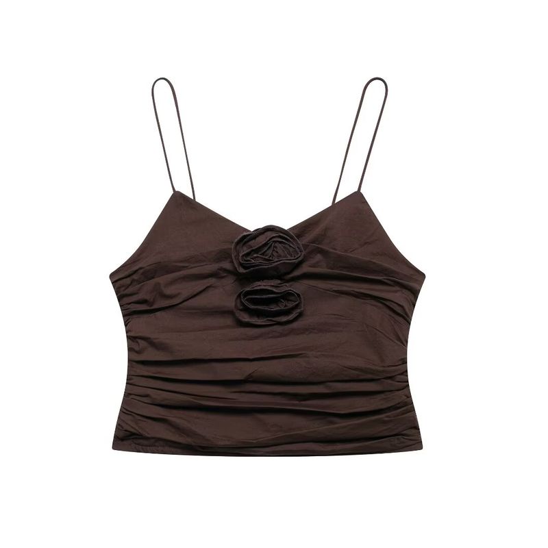 Kaslead New Arrival Women's Fashion Style Fashion Convex Flower Decoration Ruched Short Top 0881075