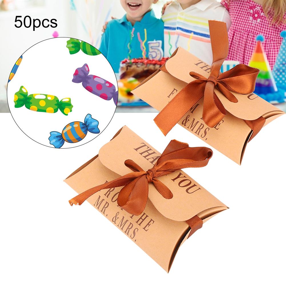 50pcs Kraft Paper Pillow Shaped Wedding Birthday Party Gift Box Portable Exquisite Candy Box