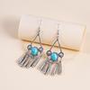 Turquoise Bohemian Owl Feather Tassel Earrings - Bronze Geometric Carved Design with Palm and Dreamcatcher Elements