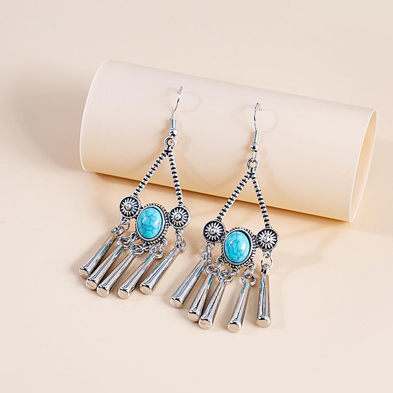 Turquoise Bohemian Owl Feather Tassel Earrings - Bronze Geometric Carved Design with Palm and Dreamcatcher Elements