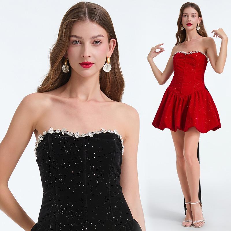 Summer Women Sexy Strapless Open Back Beading Velvet Slim Mini Short Evening Party Ball Gown Dresses