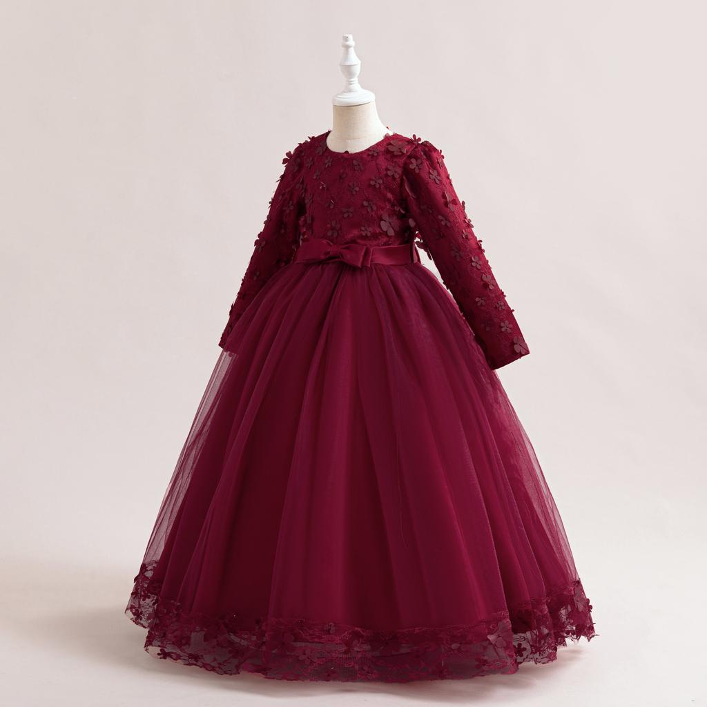 Flower Girl Princess Dress For Weddings Summer Kid Formal Bow Long Gown For School Evening Party Children New Year Cloth DZ752