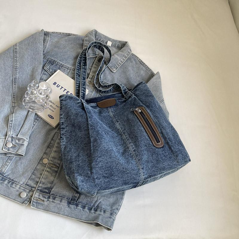 Damen-Umhängetasche mit großem Fassungsvermögen, Denim-Einkaufstasche, Schultasche