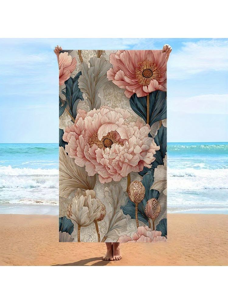 

1pc Extra Large Bath Beach Towel - Luxury Floral design with Pink Peonies,Beige/White Flowers, Deep Teal Leaves Soft Microfiber W30*H60(CM)