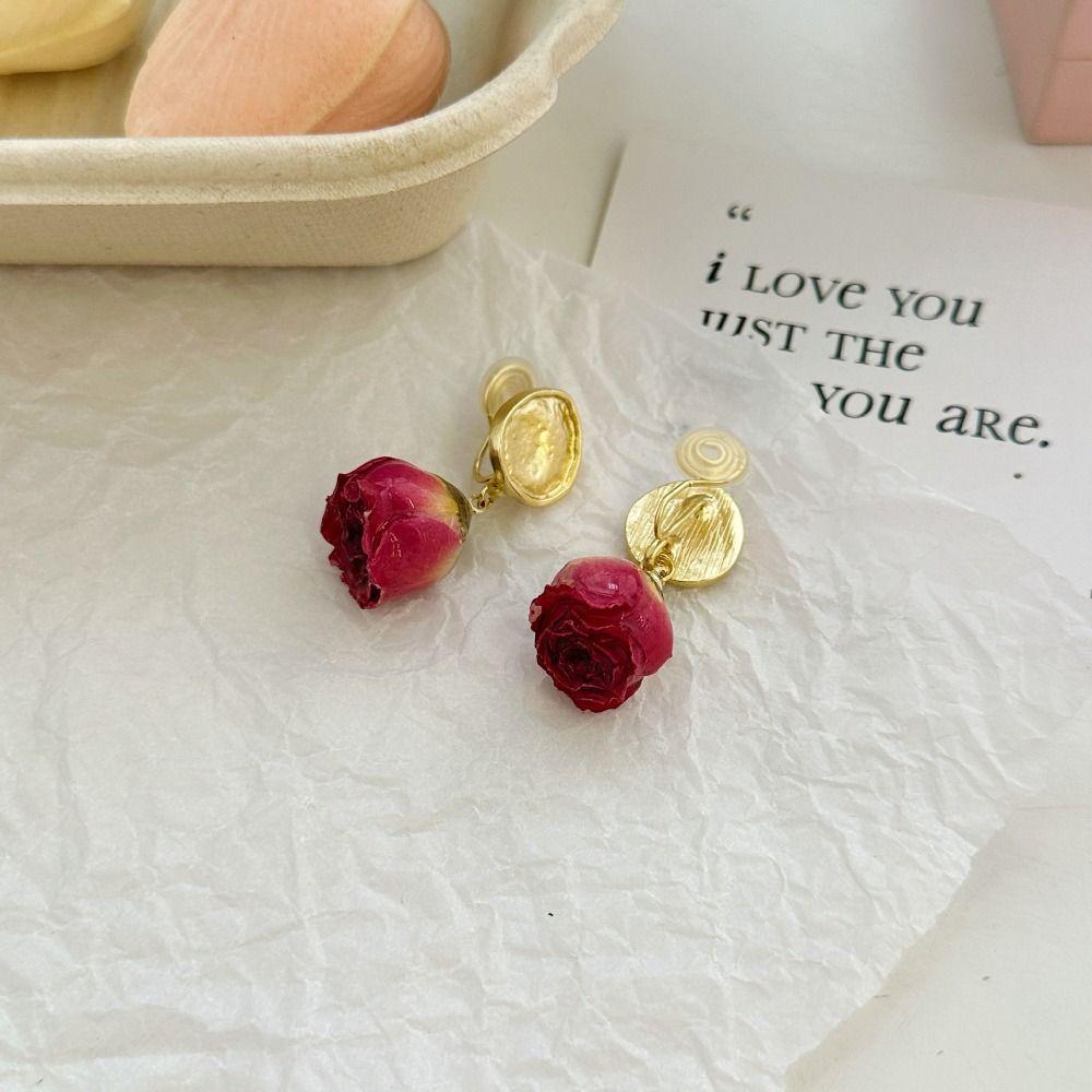 Elegant Rose Flower Ear Clip Korean Style Sweet Earrings Aesthetic Preserved Rose Earrings  Women