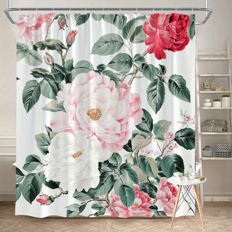 

1Pc Realistic Pink And White Garden Rose Pattern Shower Curtain, Polyester Fabric, Machine Washable, Suitable For Bathroom W60H190(CM)-1 Pcs