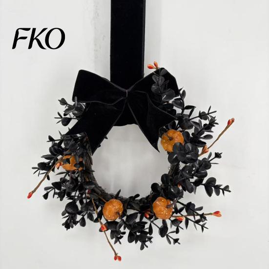 Velvet Bow Wreath Halloween for Front Door, 9 Inch Pumpkin with Black Party Backdrop Home Porch Holiday Window Wall Decor