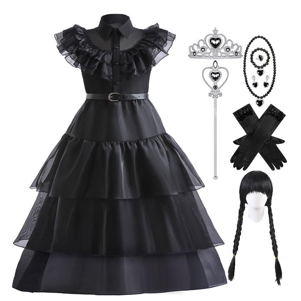 Abito da sera in rete da ragazza per cosplay della Famiglia Addams di Mercoledì con accessori (Taglia unica)