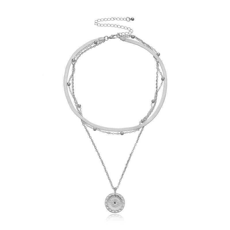 Trendy Multi-Layer Necklace: Personalized Round Pendant & Fashionable Blade Chain Choker
