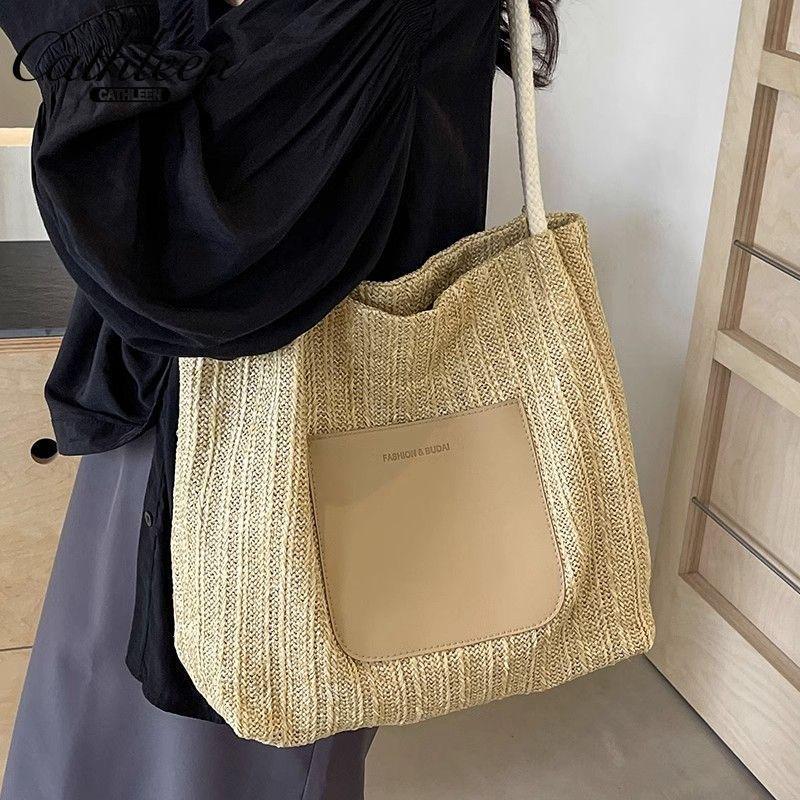 

Пляжная плетеная сумка-тоут большой вместимости - Модная повседневная сумка через плечо для прогулок и поездок на работу