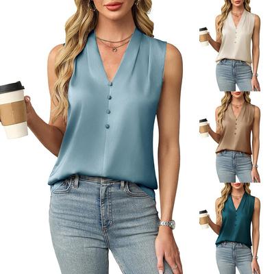 Women Summer Sleeveless V Neck Satin Solid Color Button Slim Fit Vest Top