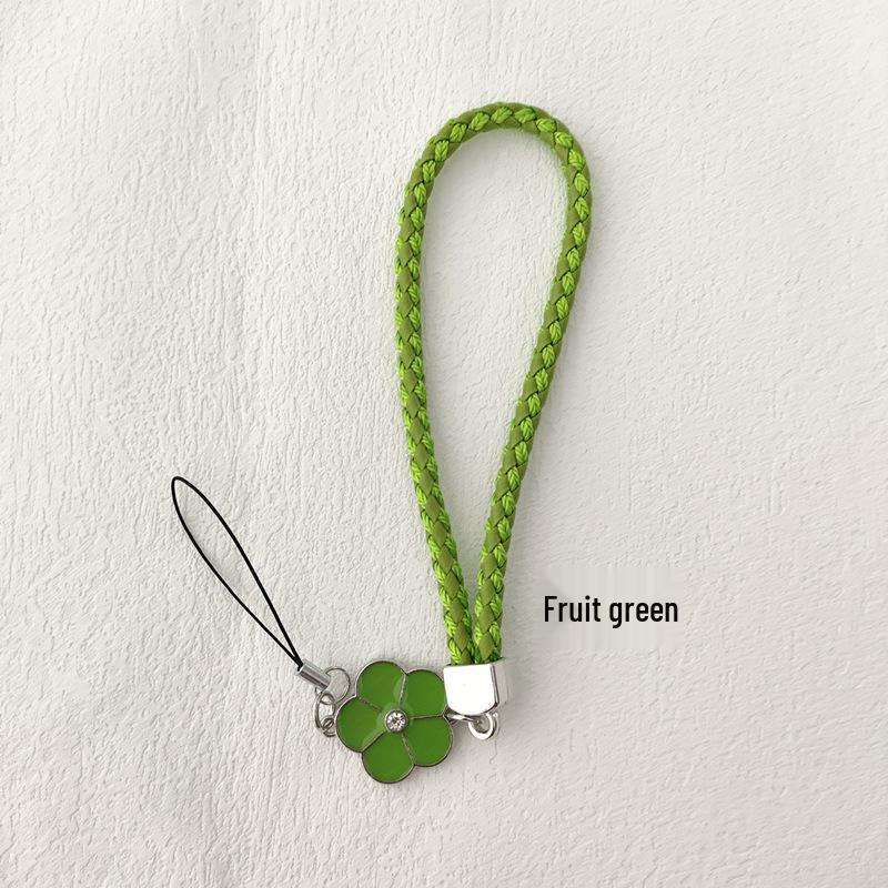 Camellia Four-Leaf Clover PU Leather Phone Wrist Lanyard with Nylon Woven Cord and Phone Case Pendant