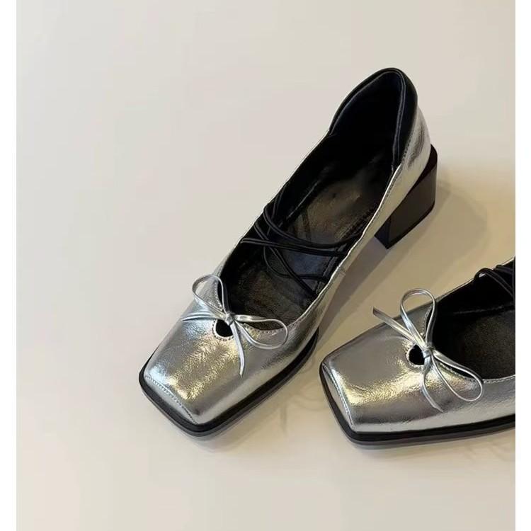 

Sheepskin~ platform bow retro high heels ballet shoes square head silver thick heel Mary Jane shoes women s single shoes 40