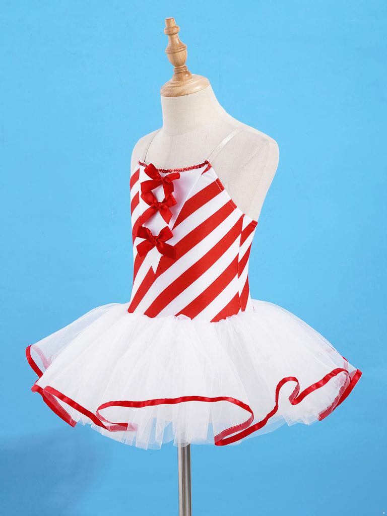 Kinder Gestreift Bedrucktes Tanzkleid Mädchen Mesh Tutu Eiskunstlaufkleid Aufführung Tanzkostüm