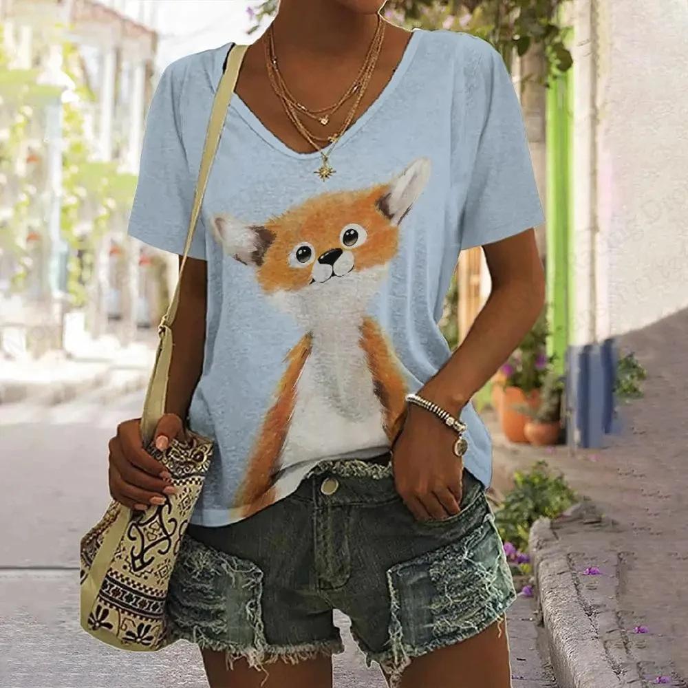 Summer Tops Women's Tee T Shirt Dog Cat 3d Print Tshirt Women Fashion Casual V-Neck Short Sleeve T-shirt Female Clothes