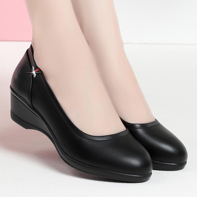 Soft leather soft sole single shoes women's round head low heel, non-slip, wear-resistant, comfortable and versatile work women's shoes