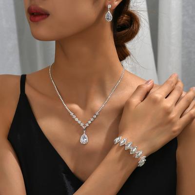 Dress Water Drop Zircon Rhinestone Necklace Earrings Bracelet Full Diamond Claw Chain Three-Piece Jewelry