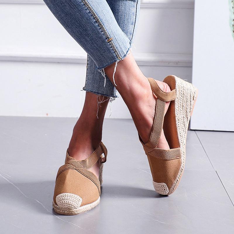 Spring and summer retro baotou straw woven wedge heel sandals cross strap platform high heel large size fisherman shoes