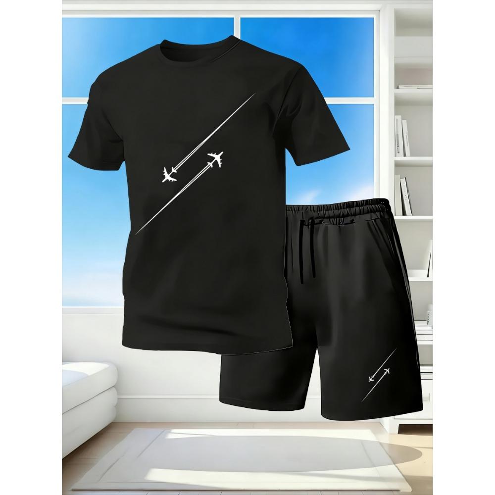 2026 new Men s Plane Silhouette Print 2-Piece Set, Summer Casual Loose Drawstring Shorts & Tee, Cool Streetwear Outfit S