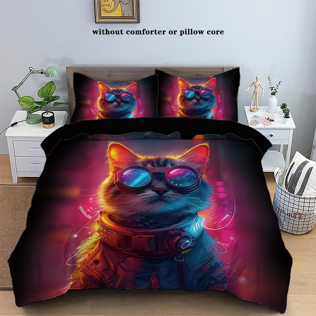 3pcs Cat and Wolf Cyberpunk style printed bedding set, (1*Duvet Cover + 2*Pillowcase, NO Core),for bedroom,hotel,home decoration