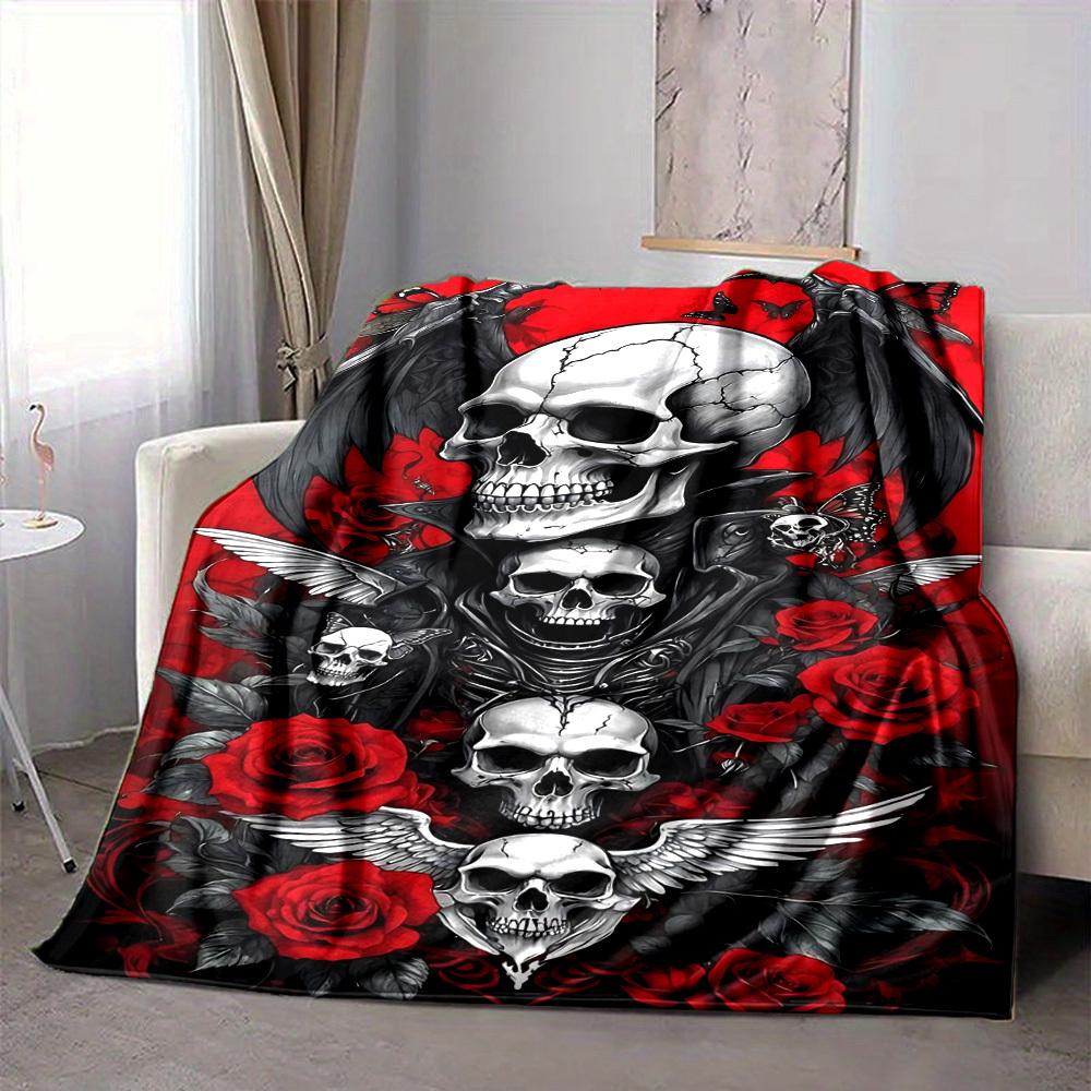 1pc Skull Roses Blanket, Lightweight Flannel Throw For Sofa, Bed, Travel, Camping, Livingroom, Office, Couch, Chair, And Bed,
