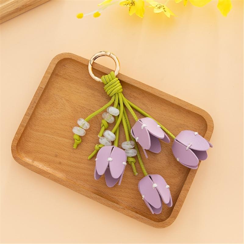 Elegant Tulips Shaped Leather Keychain With Beaded Accent For Bags And Keys Stylish Accessory Gift