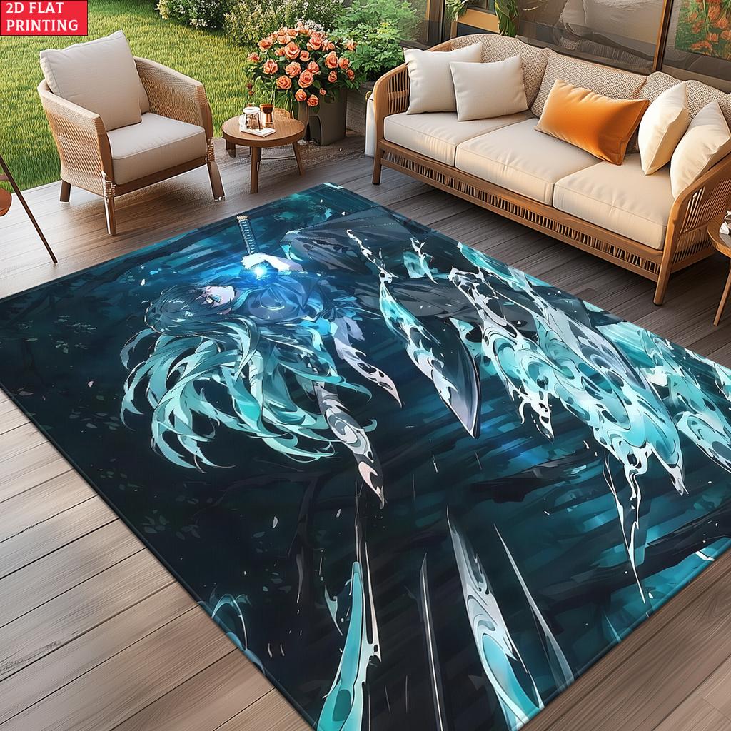Anime Swordsman Area Rug, Blue Water Wave Theme  Floor Mat, Decorative Carpet for Gaming Room Bedroom, Washable Home Decor Gift