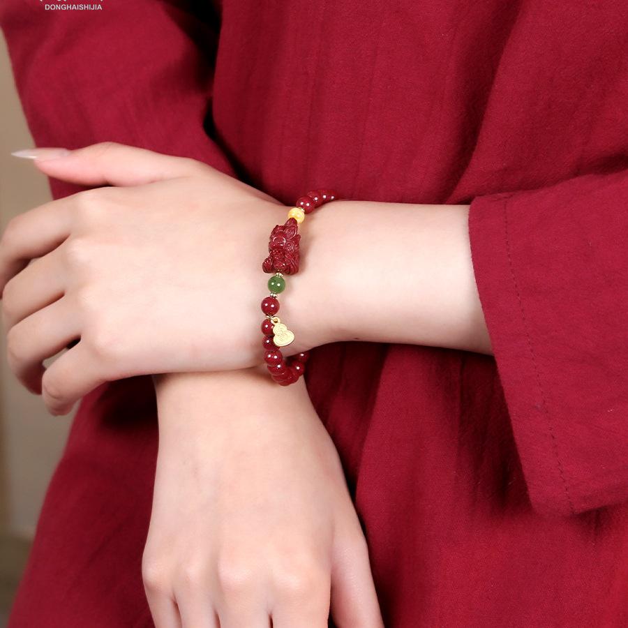 Zinnober Neunschwanzfuchs Anhänger Armband mit Bernstein, Hetian-Jade & Jaspis Perlen für Damen & Herren