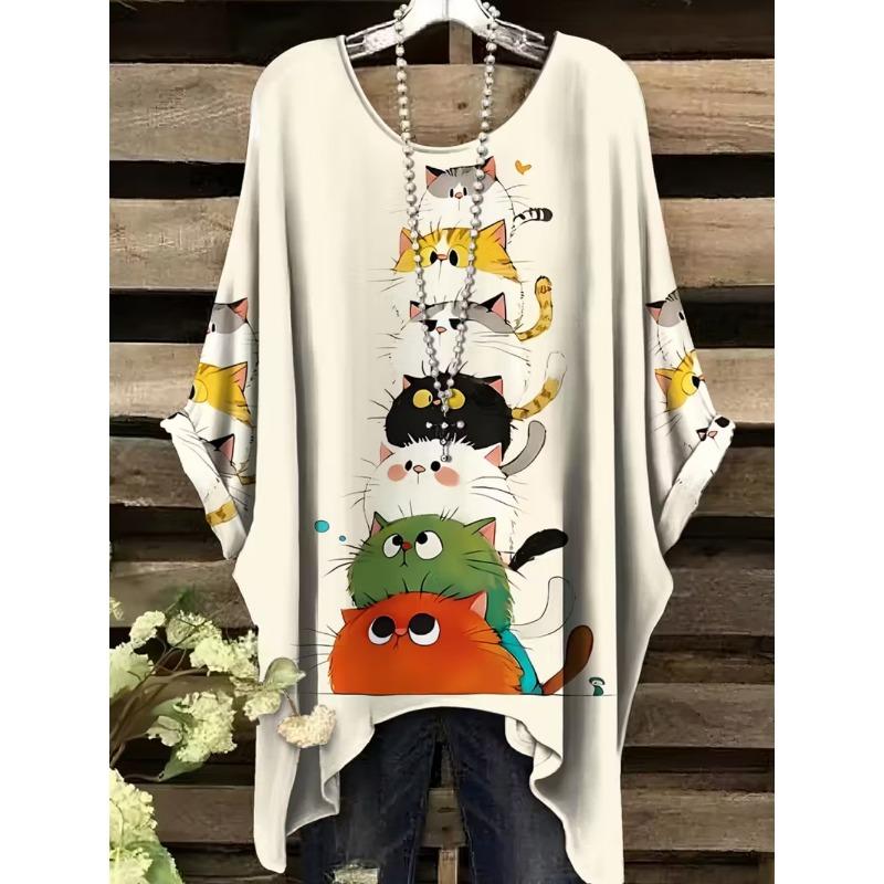 Camiseta Retro para Mujer Gráfico de Gato Anime Ropa de Chica Verano Cuello Redondo Manga Corta Camisetas Femeninas Harajuku Streetwear Blusa Oversized