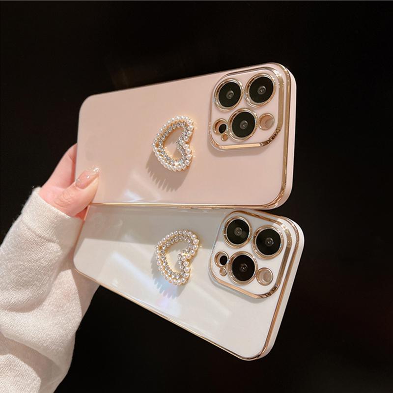 Ins Plating Couple Pearl Diamond Soft Silicon Phone Case For Iphone 13 Pro Max Mini 12 11 7 8 Plus X Xs Xr Se 2 Heart Love Cover