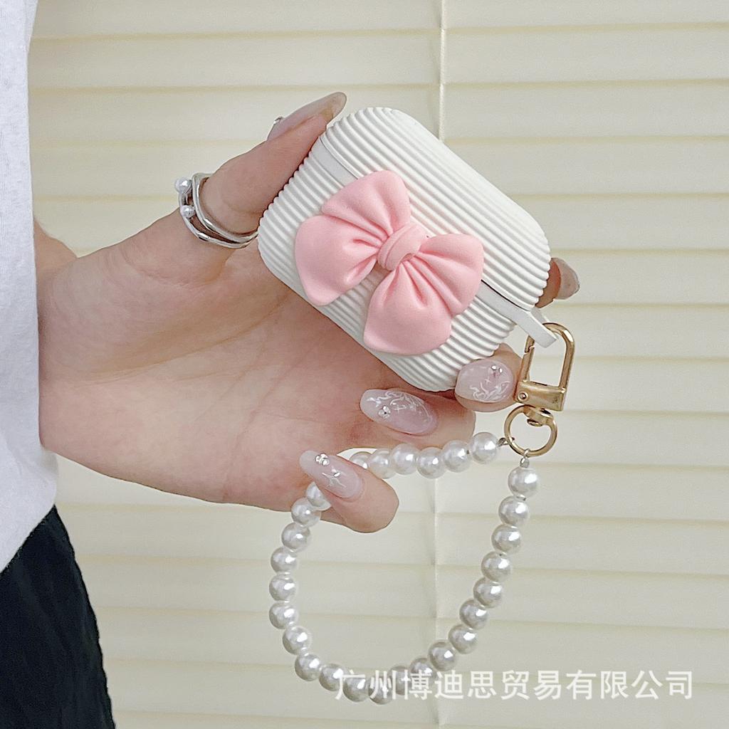 New Apple Earphone Case Horizontal Strip Silicone Bow + Hand Bead Rope AirPods Girl Bow Earphone Cover