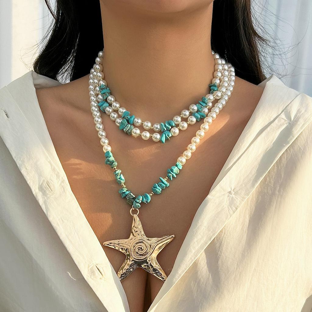 Exaggerated Gravel Starfish Multi-layer Necklace Female, Personalized Beach Vacation Lava Star Item