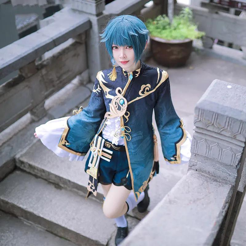 Game   XingQiu Cosplay Costume Uniform Halloween Party Suit NEW Battle Uniform Gorgeous Outfit Wigs Suit