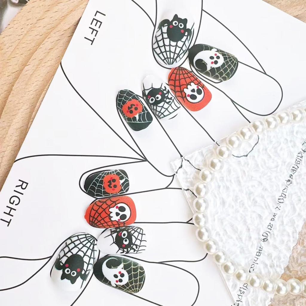 24pcs Halloween Press On Nails Short Oval Bat Fake Nails with Spider Skull Pumpkin Spider Web Designs Ghost False Nail Halloween Acrylic Nail Kit