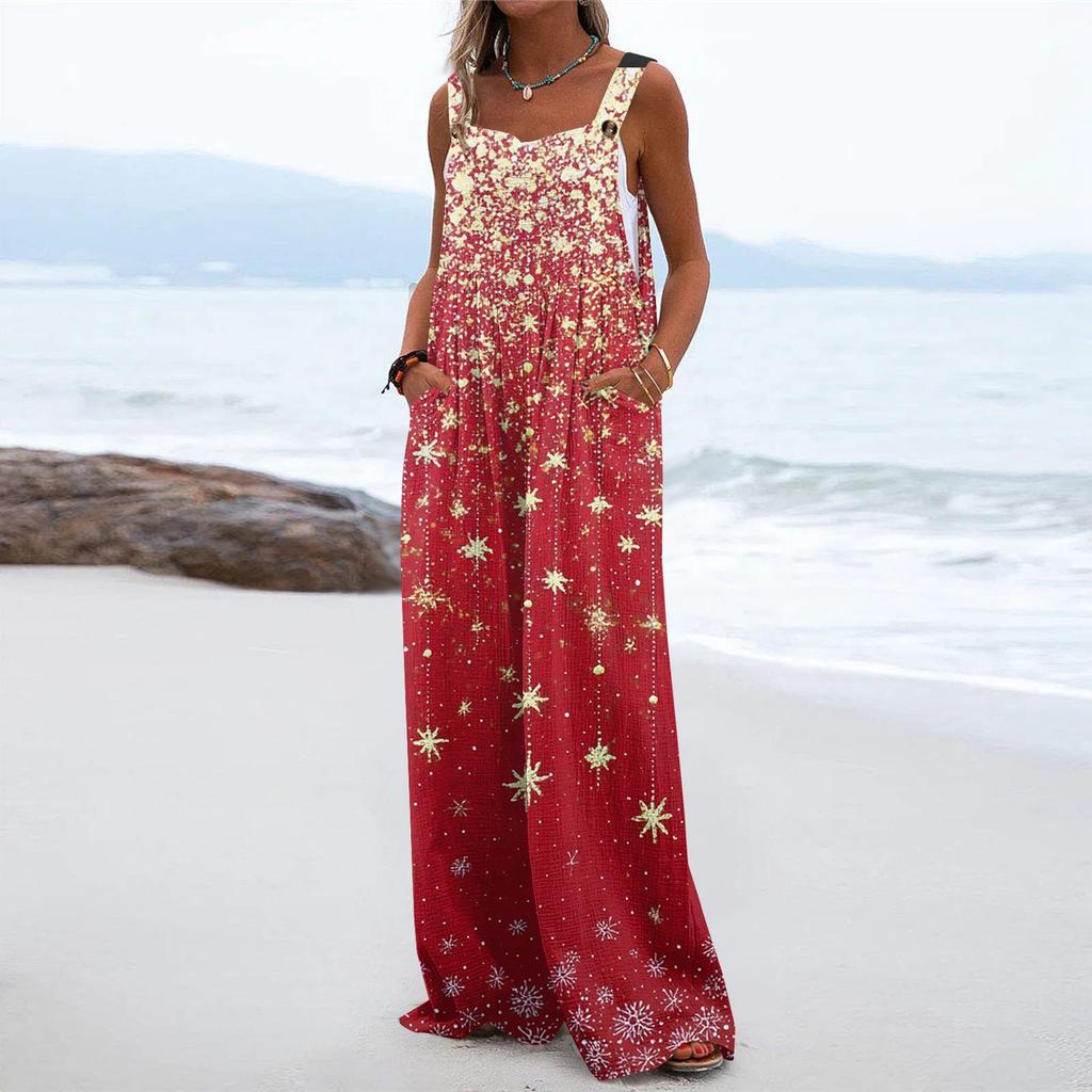 Women's Christmas Print Solid Wide Leg Strapless Tank Pocket Casual Onesie