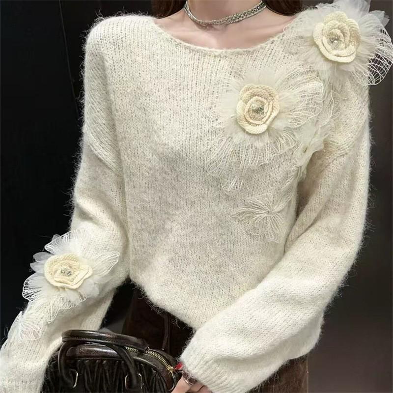 Women's 3D Floral Knit Sweater - Round Neck, Soft Long Sleeve Pullover for Autumn & Winter