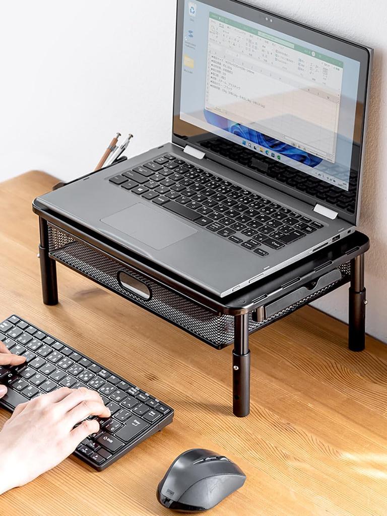 Monitor Smartphone Width Depth 3 Height Load Capacity E-Supply Stand, Drawer, A4, Stand, 37cm, 23.5cm, Adjustments, Steel, 15kg, Compact, Black,