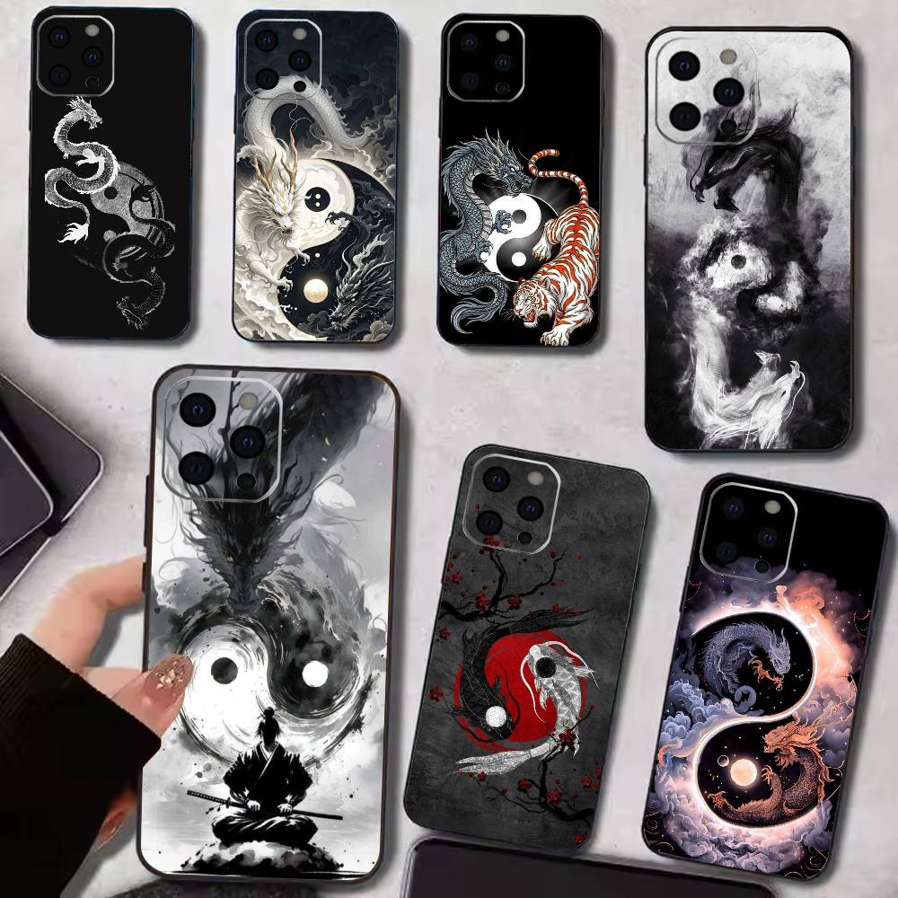 Japanese Art Dragon Yin Yang Phone Case For iPhone 17, 16,15,14,13,12,11 Plus,Pro Max, Others Soft Black Cover