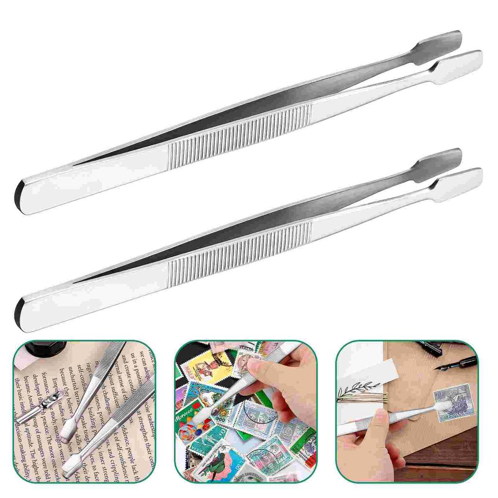 2Pcs Nickel Plated Steel Stamp Tweezers Round Spade Tip Philately Tools For Beads Objects Industrial Hand Collecting Tweezers