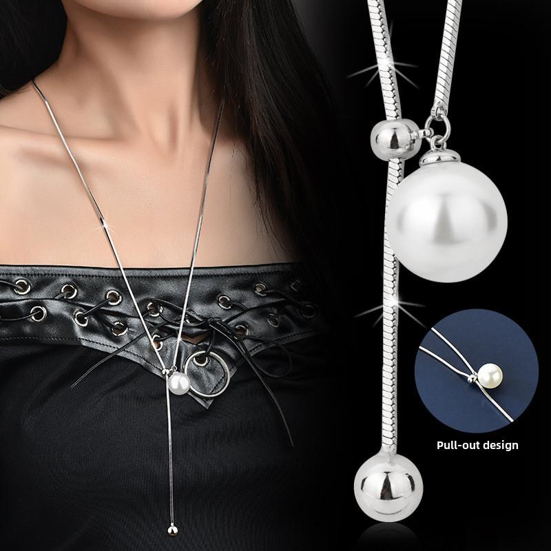 Elegant Pearl Long Necklace For Women In Titanium Steel With Geometric Design Ideal For Fall And Winter Fashion