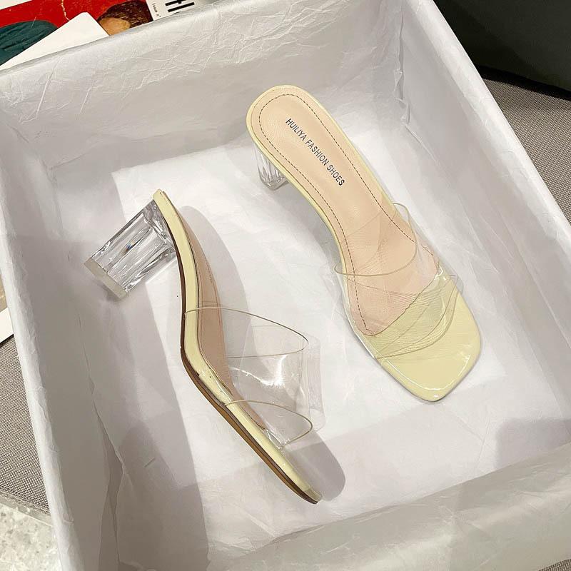 Wear high-heeled slippers 2025 women's spring one-word open-toed transparent crystal thick-heeled cool slippers show height