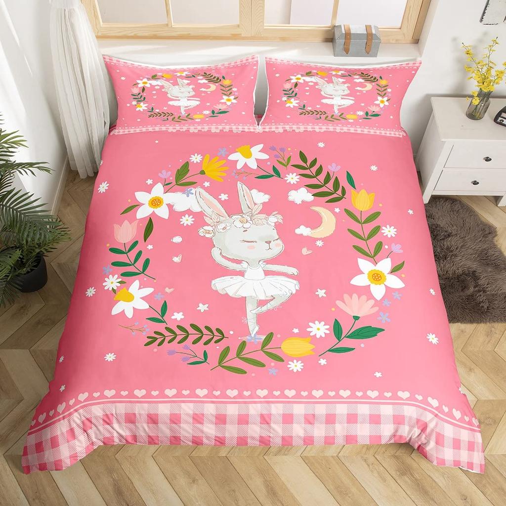 Kawaii Kaninchen Bettbezug Cartoon Tier Bettwäsche Set Geometrie Gitter Kariert Bettdeckenbezug Bunte Blumen Schmetterling Bettset